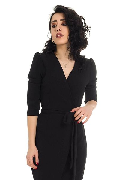 AYHAN Plus Size Black Crepe Dress with Double Breasted Collar and Waist Tie Detail - 1246
