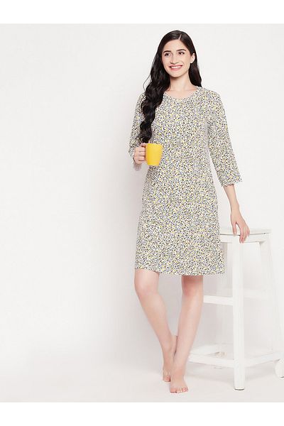 Clovia By Styli Cotton Floral Print Nightdress with 3/4 Sleeves