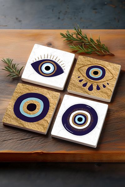 Pinecone Evil Eye Stone Coaster Desktop Protective Coaster 4 Piece Set 10x10cm Stone Coasters Sc249