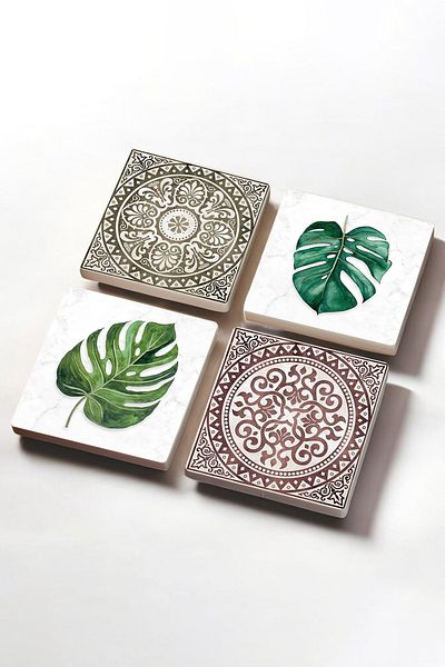 Pinecone Ethnic Pattern, Leaf Stone Coaster Desktop Protective Coaster 4 Piece Set 10x10cm Sc423