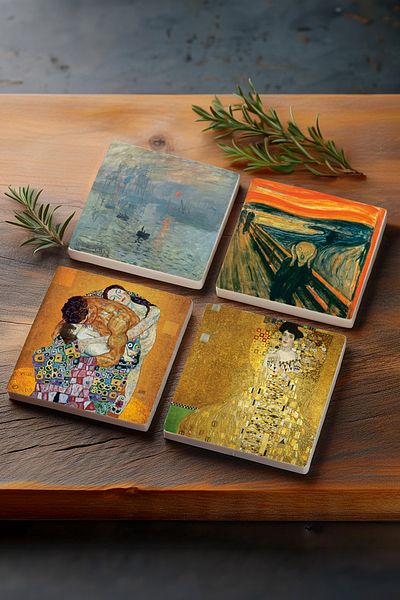 Pinecone Gustav Klimt Family Embrace, Bauer's Portrait, Monet Sunrise, The Scream Stone Coasters Set of 4