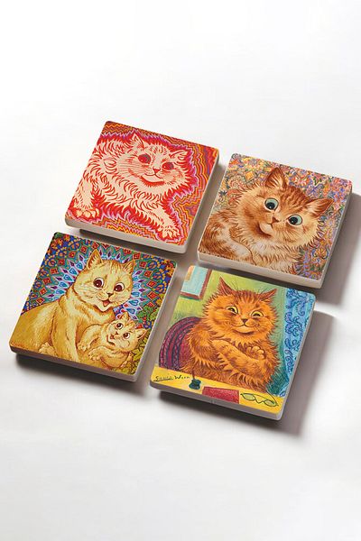 Pinecone مجموعة قواعد أكواب واقية لسطح المكتب من Louis Wain Cats Stone Coasters مكونة من 4 قطع مقاس 10 × 10 سم