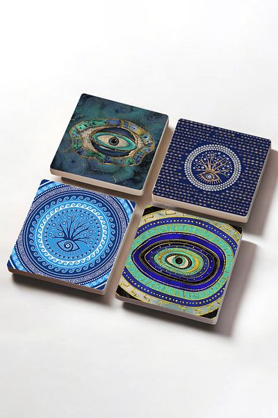 Pinecone Evil Eye Stone Coaster Desktop Protective Coaster 4 Piece Set 10x10cm Stone Coasters
