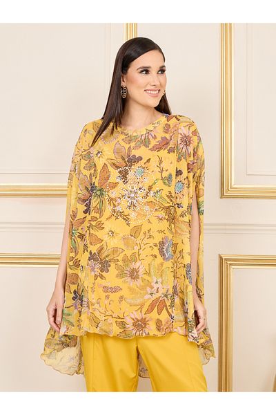 Styli Floral Print Cape Sleeves Longline Top and Flared Pant Co-ord