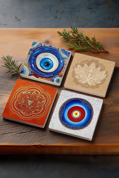 Pinecone Evil Eye, Lotus Flower, Sri Yantra Stone Coaster Desktop Protective Coaster 4 Piece Set 10x10cm