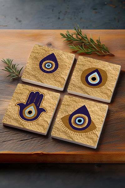 Pinecone Fatma Mother Hand (HAMSA), Evil Eye Stone Coaster Desktop Protective Coaster 4 Piece Set 10x10cm Sc243
