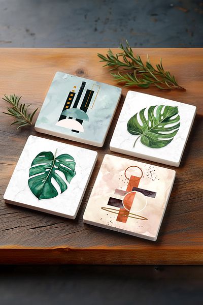 Pinecone Minimalist Abstract, Leaf Stone Coaster Desktop Protective Coaster Set of 4 10x10cm Sc428