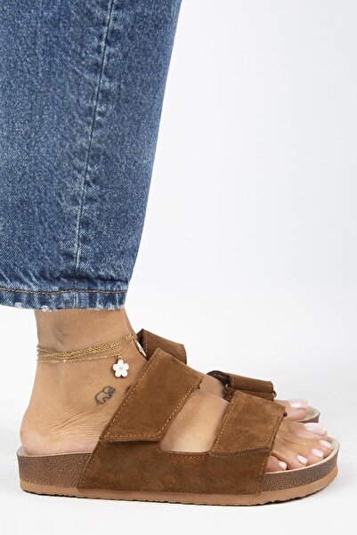 Manijero Παντόφλες Vina από γνήσιο δέρμα Velcro Tan