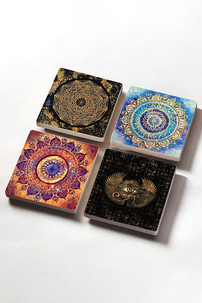Pinecone Mandala, Eye of Horus, Sri Yantra Stone Coaster Desktop Protective Coaster 4 Piece Set 10x10cm