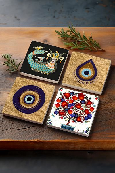 Pinecone Evil Eye, Shahmaran, Pomegranate Tree Stone Coaster Desktop Protective Coaster 4 Piece Set 10x10cm Sc525