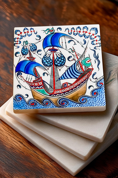 Pinecone Japanese Art, Mount Fuji, Tile Art Fish, Sailing Ship Stone Coasters Set of 4 10x10cm