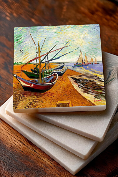 Pinecone Van Gogh Road with Cypresses, Red Vineyard, Night on the Cafe Terrace, Fishing Boats Stone Coasters Set of 4