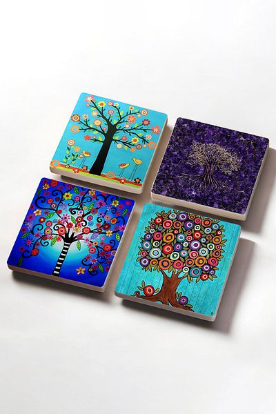 Pinecone Tree of Life Stone Coasters Desktop Protective Coasters 4 Piece Set 10x10cm Stone Coasters Sc455