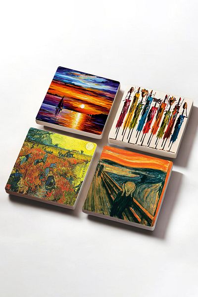 Pinecone Van Gogh in Arles Red Vineyard, The Scream, Native Women, Seascape Stone Coasters Set of 4