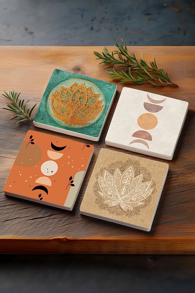 Pinecone Bohemian Minimalist Lotus Flower Patterned Stone Coasters Set of 4 - 10X10Cm