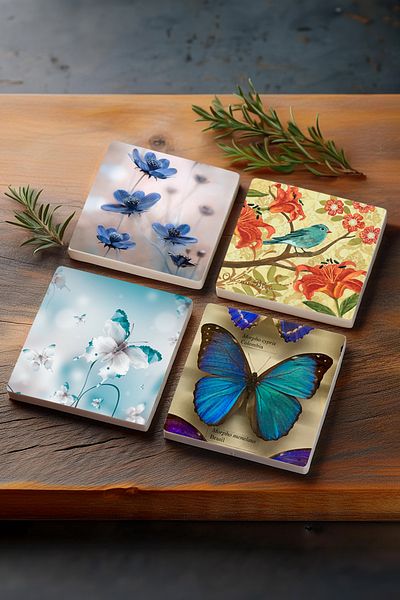 Pinecone Butterfly Stone Coaster Desktop Protective Coaster 4 Piece Set 10x10cm Stone Coasters Sc320