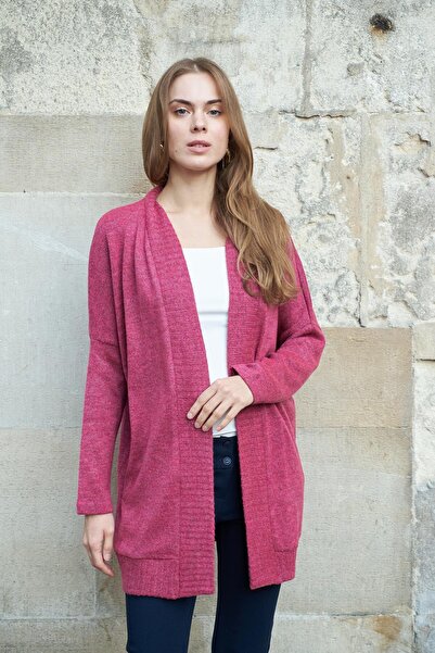 Jument Women's Off Shoulder Long Sleeve Relaxed Cut Long Knitwear Cardigan-Cherry