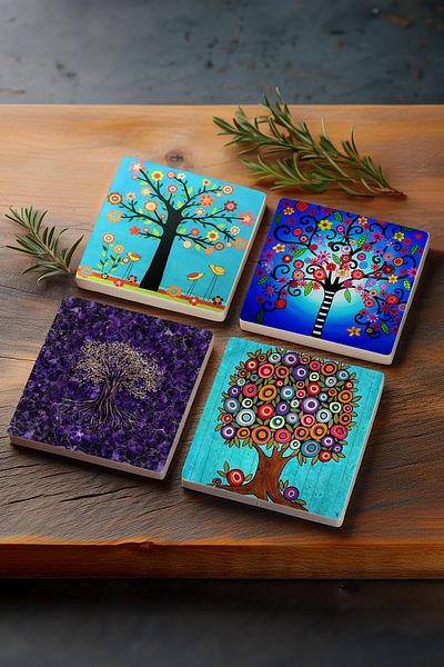 Pinecone Tree of Life Stone Coasters Desktop Protective Coasters 4 Piece Set 10x10cm Stone Coasters Sc455