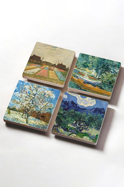 Pinecone Van Gogh Olive Trees, Peach Tree, Tulip Fields, Oise Bank Stone Coaster Set of 4
