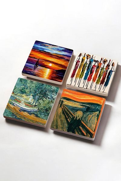 Pinecone Van Gogh Blooming Pink Peach Tree, Scream, Native Women, Seascape Stone Coaster