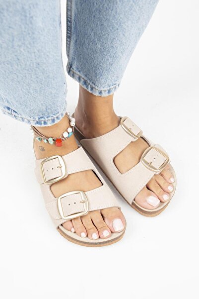 Manijero Γυναικείες μπεζ παντόφλες με διπλή αγκράφα Irene από γνήσιο δέρμα