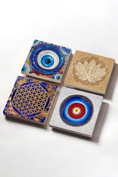 Pinecone Evil Eye, Lotus Flower, Flower of Life Stone Coaster Desktop Protective Coaster 4 Piece Set 10x10cm
