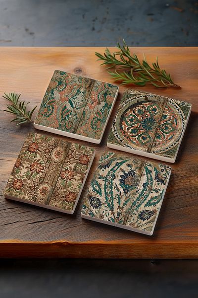 Pinecone Vintage Pattern Stone Coasters Desktop Protective Coasters 4 Piece Set 10x10cm Stone Coasters