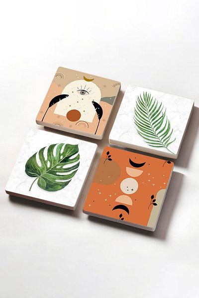 Pinecone Leaf, Bohemian Stone Coasters Desktop Protective Coasters 4 Piece Set 10x10cm Stone Coasters