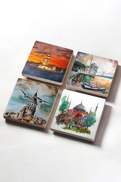 Pinecone Istanbul Hagia Sophia, Galata Tower, Maiden's Tower, Ortaköy Stone Coasters Set of 4 10x10cm