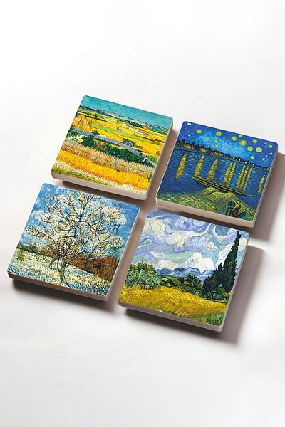 Pinecone Van Gogh Wheat Field, Peach Tree, Harvest Landscape, Night on the Rhine Stone Coaster