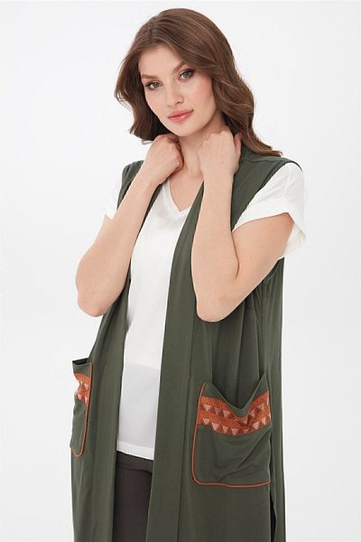Desen Triko Women's Long Combed Cotton Vest Khaki