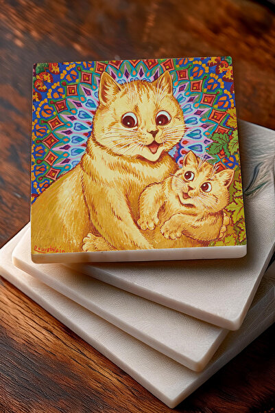 Pinecone مجموعة قواعد أكواب واقية لسطح المكتب من Louis Wain Cats Stone Coasters مكونة من 4 قطع مقاس 10 × 10 سم
