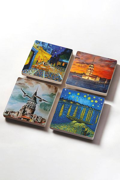 Pinecone Van Gogh Rhine River, Night on the Cafe Terrace, Istanbul Galata Tower, Maiden's Tower Stone Coasters Set of 4