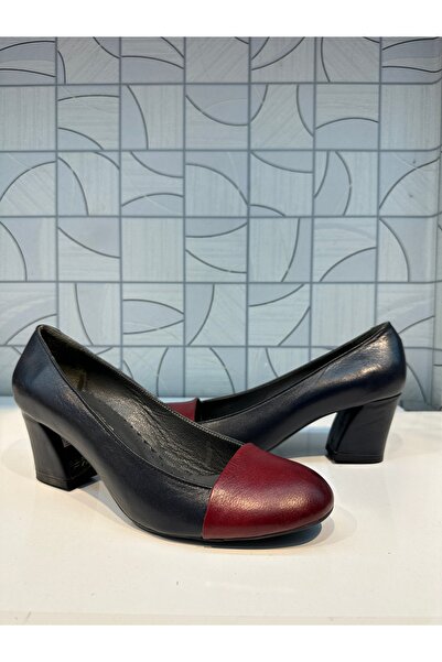 Anıl Ayakkabı Decolite Жіночі темно-сині з бордовими деталями, натуральна шкіра, товстий класичний каблук, повсякденне взуття, 7 см