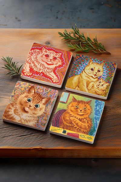 Pinecone مجموعة قواعد أكواب واقية لسطح المكتب من Louis Wain Cats Stone Coasters مكونة من 4 قطع مقاس 10 × 10 سم