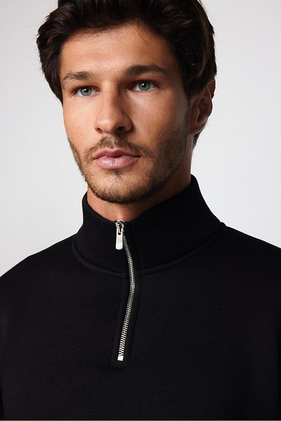 Tudors Unisex mikina Relax Fit Pohodlný střih Bavlna Fleece Uvnitř Poloviční zip Černá mikina se stojáčkem