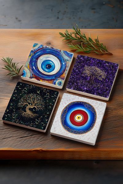 Pinecone Evil Eye, Tree of Life Stone Coaster Desktop Protective Coaster 4 Piece Set 10x10cm