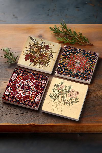 Pinecone Vintage Flower, Pattern Stone Coaster Desktop Protective Coaster 4 Piece Set 10x10cm Sc502