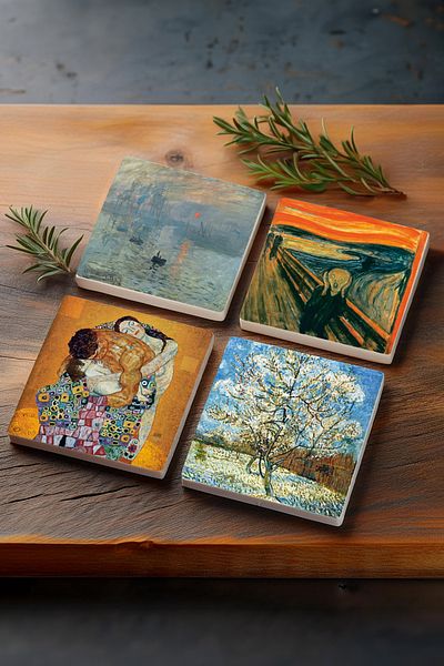 Pinecone Van Gogh Peach Tree, Monet Sunrise, The Scream, Gustav Klimt Family Embrace Stone Coaster Set