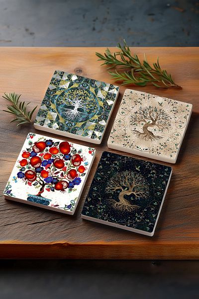 Pinecone شجرة الحياة، قواعد أكواب حجرية لشجرة الرمان، مجموعة من 4 قواعد أكواب حجرية مقاس 10 × 10 سم