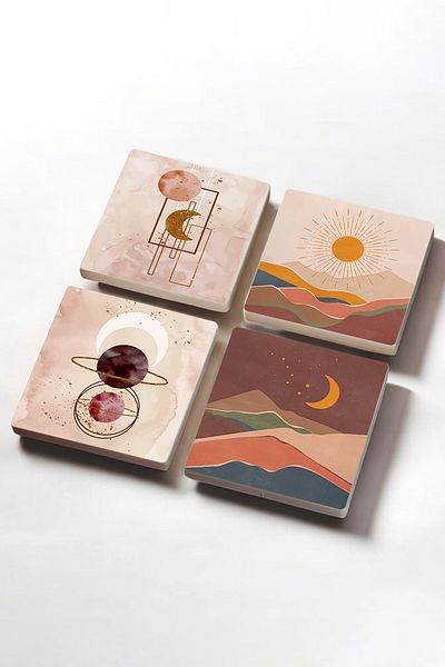 Pinecone Bohemian, Minimalist Abstract Stone Coasters Desktop Protective Coasters Set of 4 10x10cm