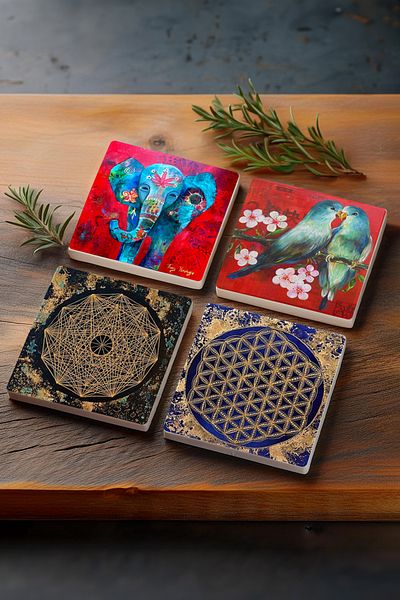 Pinecone Elephant, Bird, Sri Yantra, Flower of Life Stone Coaster Desktop Protective Coaster 4 Piece Set 10x10cm
