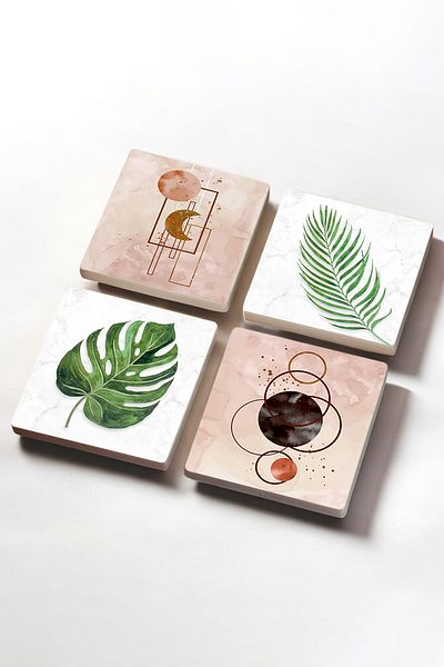 Pinecone Minimalist Abstract, Leaf Stone Coasters Desktop Protective Coasters Set of 4 10x10cm Sc347