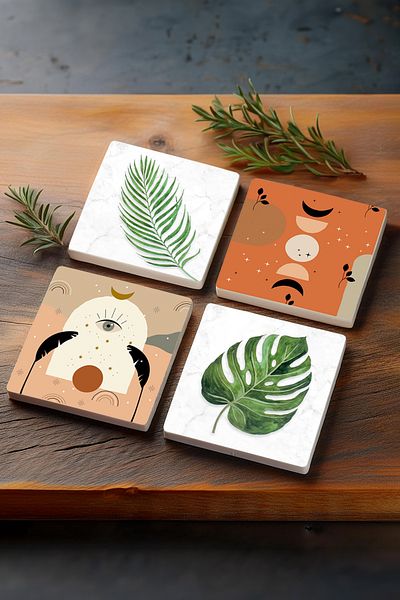 Pinecone Leaf, Bohemian Stone Coasters Desktop Protective Coasters 4 Piece Set 10x10cm Stone Coasters