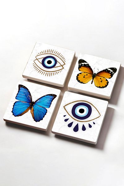 Pinecone Evil Eye, Butterfly Stone Coaster Desktop Protective Coaster 4 Piece Set 10x10cm Stone Coasters Sc308