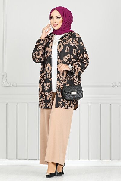 ModaMerve Black Patterned Shirt Set - 1573Lna1042-M