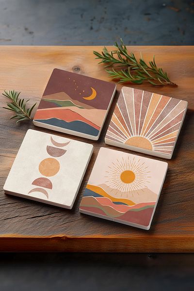 Pinecone Minimalist Abstract, Bohemian Stone Coasters Desktop Protective Coasters Set of 4 10x10cm Sc233