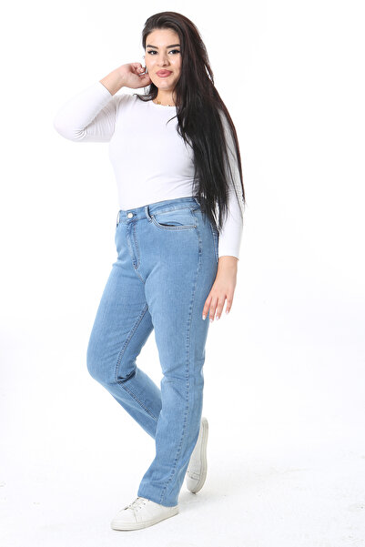 Şans Γυναικείο τζιν παντελόνι Lycra Plus Size Μπλε ψηλόμεσο 5 τσέπες 65N38399