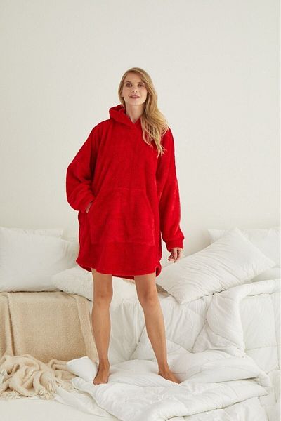 Lunaberry Red Plush Hooded - Loose Over-The-Knee Blanket Pajamas, Ideal for Cold Weather
