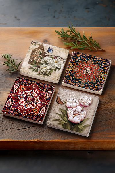 Pinecone مجموعة قواعد أكواب واقية لسطح المكتب بنمط زهرة الفراشة والحجر مكونة من 4 قواعد أكواب حجرية مقاس 10 × 10 سم